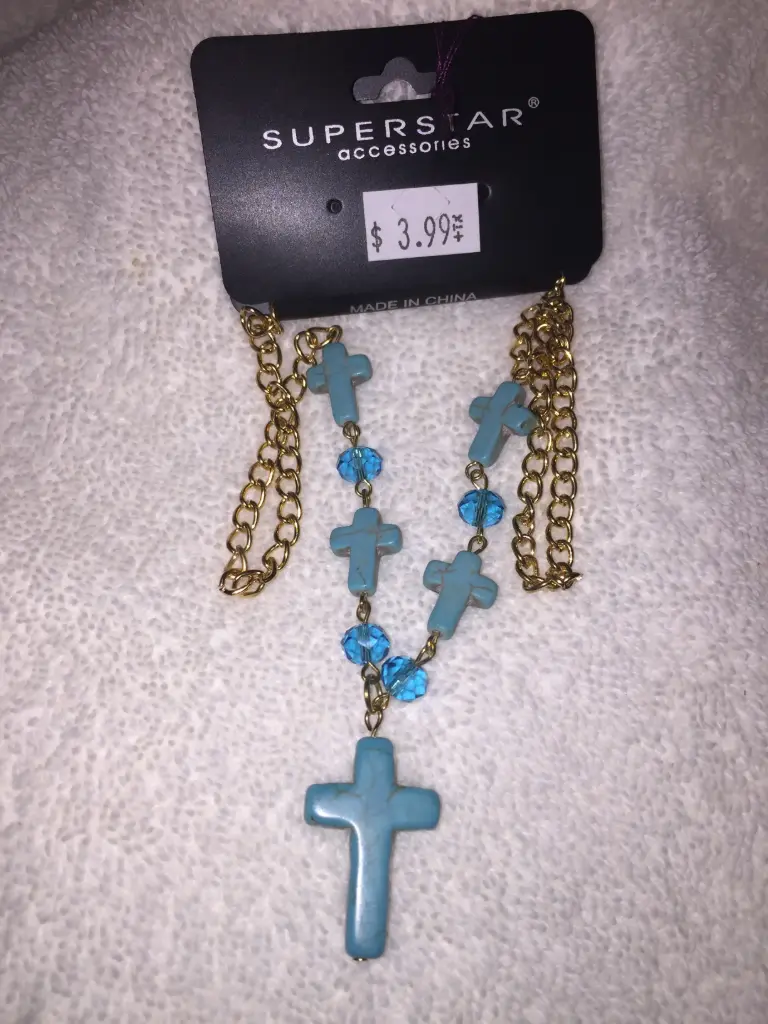 [1474] Colored Cross with Beads Metal Chain Necklace